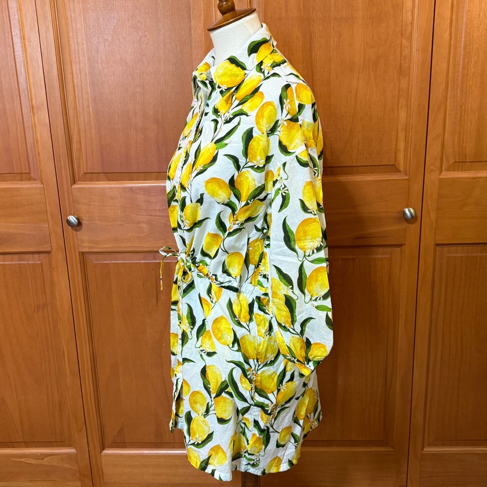 J Crew Cinch Waist Shirt Dress in Lemon Print Limoncello Voile Button-Up Dress - Picture 7 of 15